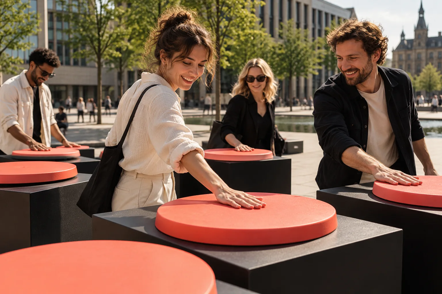 Een deelnemer activeert een interactieve installatie tijdens een evenement