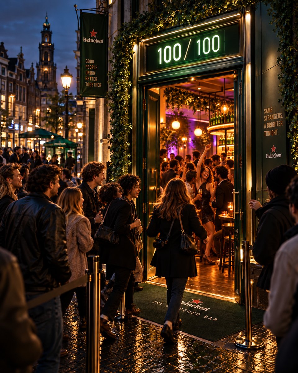 Conceptbeeld: de cafédeur is open bij 100 van 100, met dansende mensen en warme feestverlichting binnen