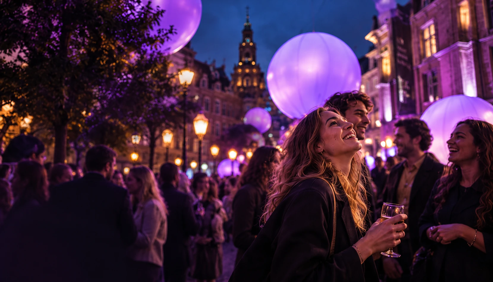Mensen kijken verwonderd naar lichtgevende paarse bollen tijdens een avond op een Nederlands stadsplein