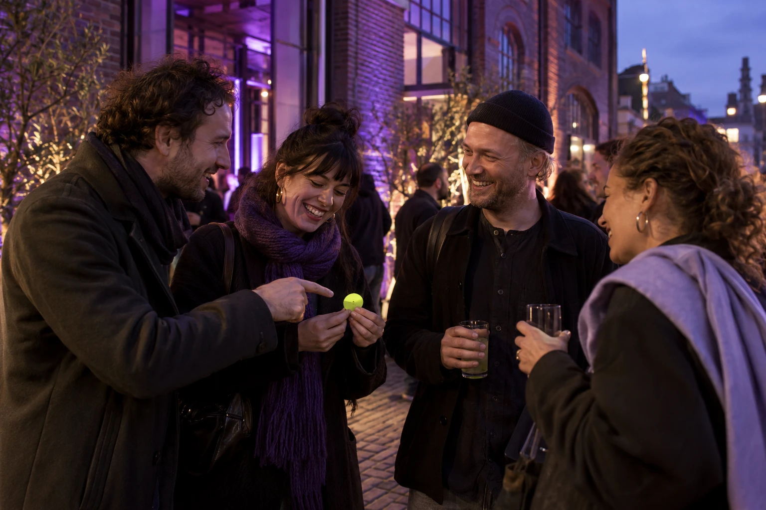Bezoekers maken lachend contact rond een gezamenlijke opdracht bij een paars verlichte locatie