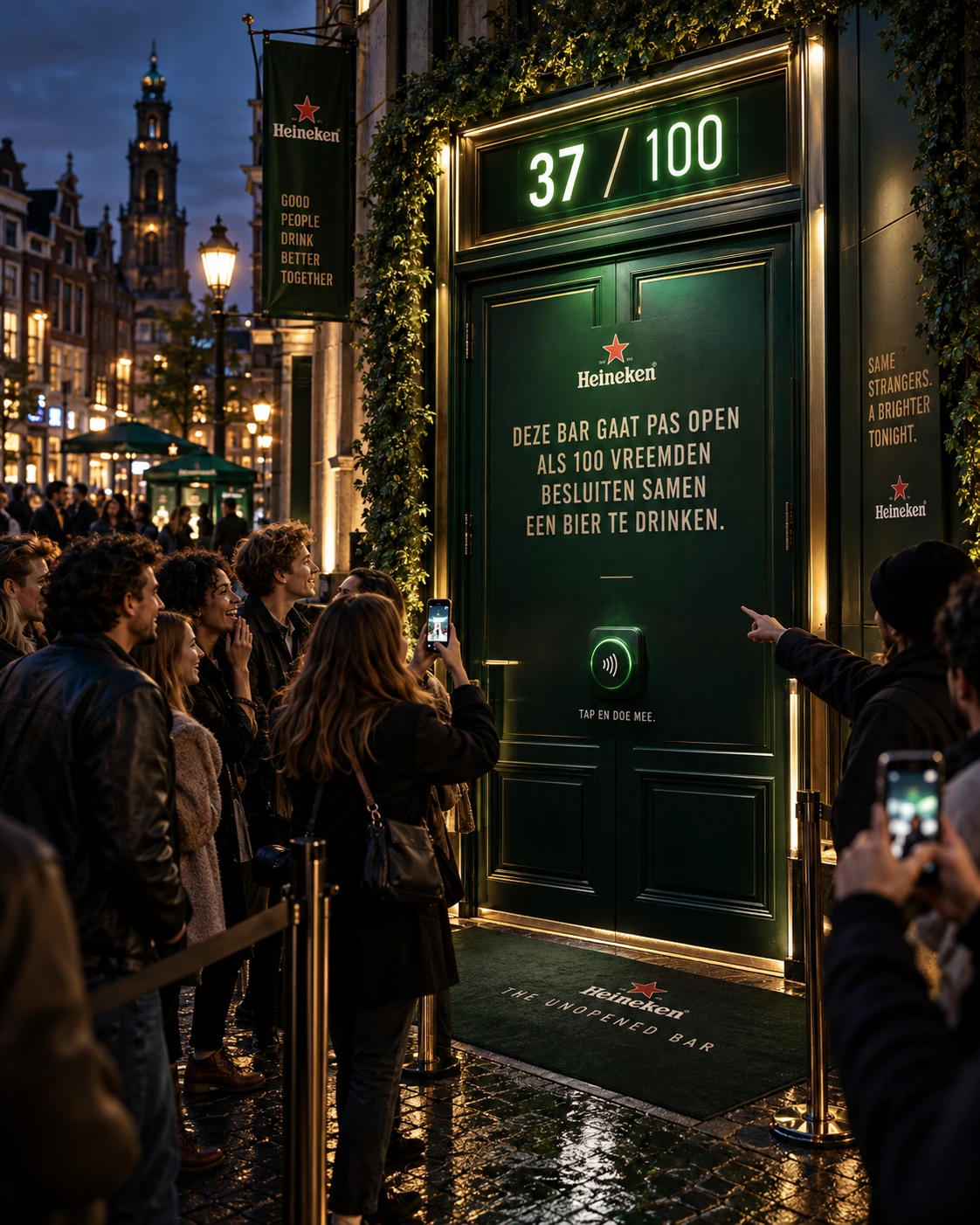 Het oorspronkelijke Heineken-conceptbeeld: een gesloten groene cafédeur met teller 37/100 en wachtende mensen