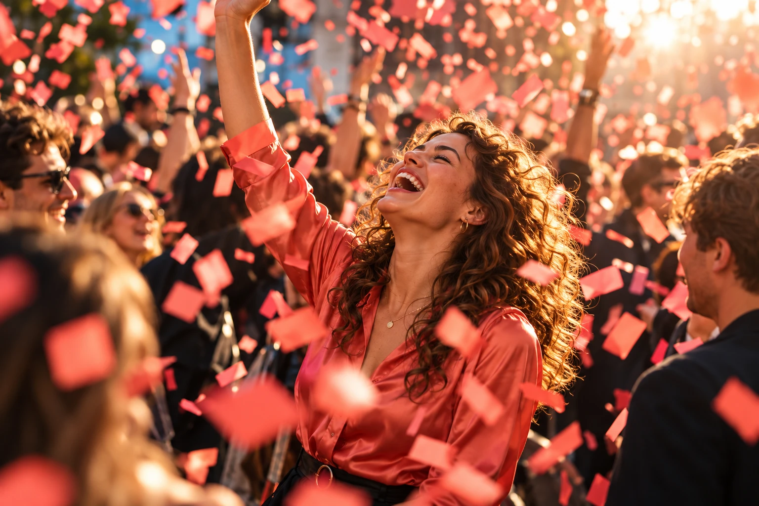 Een lachende vrouw in koraalrode blouse viert een verrassend moment met confetti en andere volwassenen